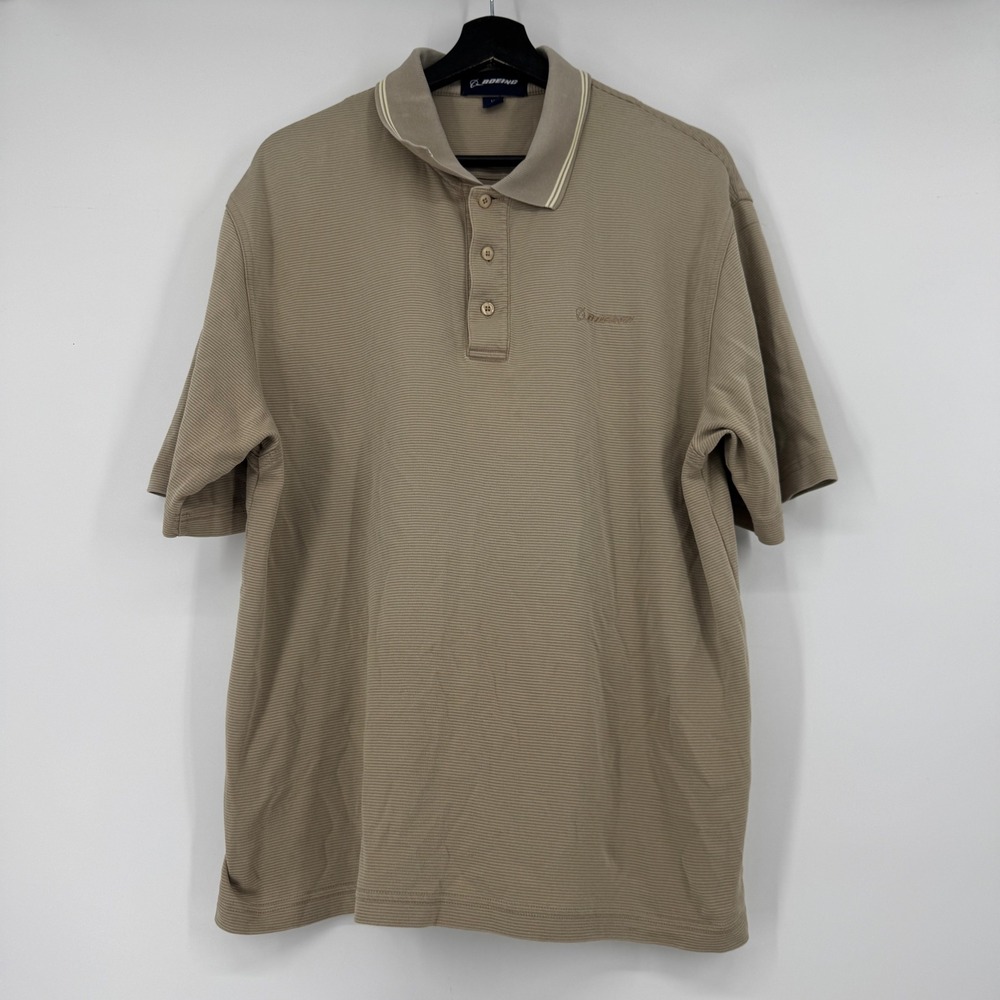 Boeing Mens Large Tan Pima Cotton Blend Short Sleeve Polo Shirt Aviation Logo